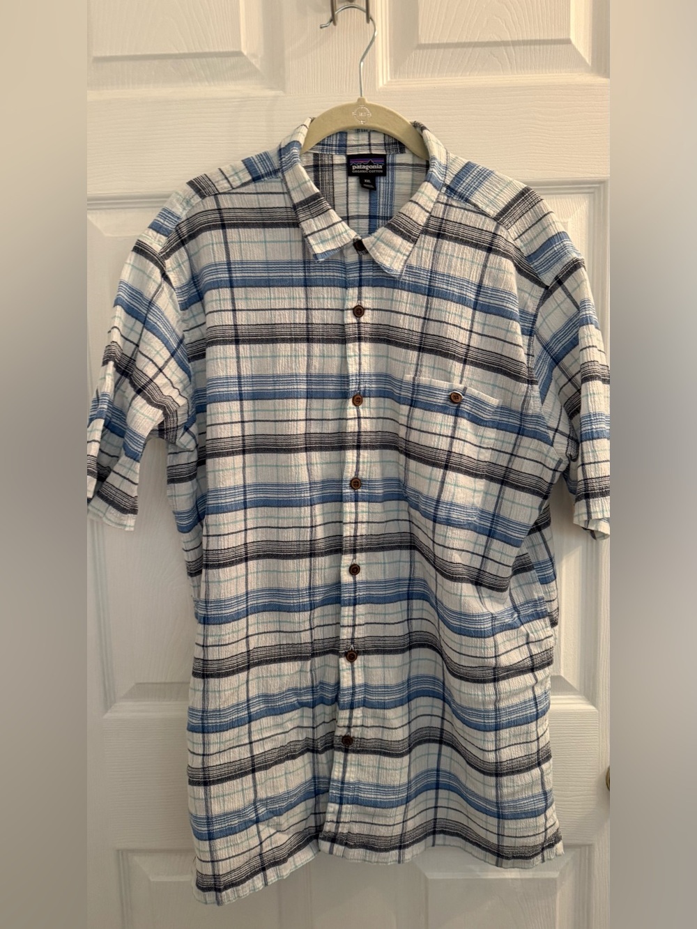 Patagonia White, Blue & Black Plaid Short-Sleeve Button-Down Shirt